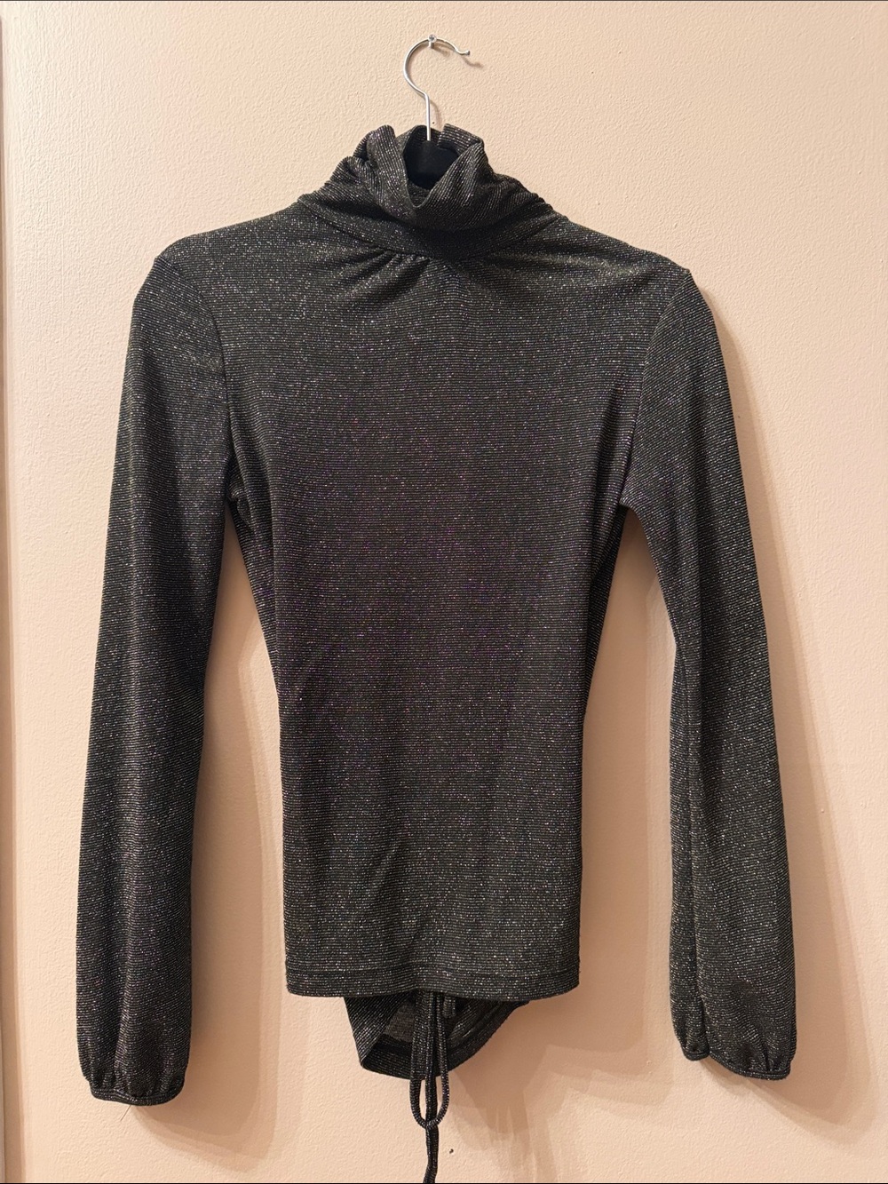 Women's Sparkle Black Turtleneck Long-Sleeve Top exposed back